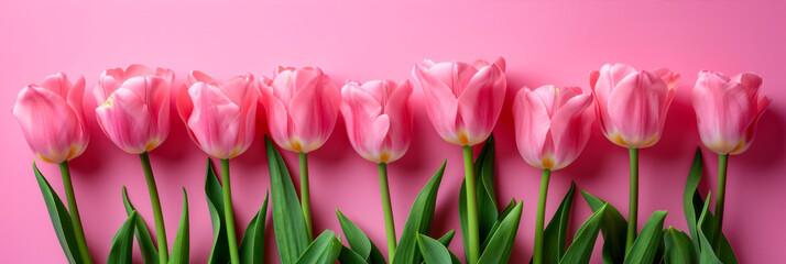  Pink tulips on pink background. Greeting card concept.