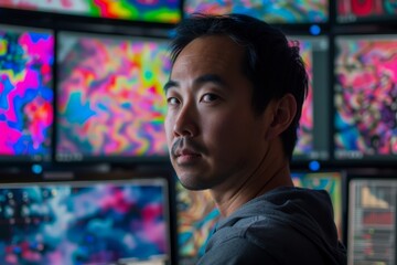 Leinwandbilder - A contemplative man gazes at a digital canvas, his face illuminated by the glow of the computer screen, while his clothing hints at his artistic passion