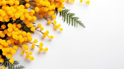 Wall Mural - Spring volumetric composition of a bouquet of yellow mimosa flowers, top view with copy space on a white background