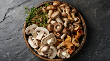 Wall Mural - A bowl of fresh brown mushrooms on a rustic wooden table.