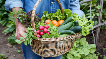 Poster - person holding a wicker basket full of fresh vegetables with a garden in the background.