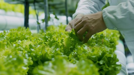 Poster - Generative AI : male business owner observes about growing organic arugula on hydroponics farm.