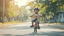 Generative AI : Learning To Ride A Bike Concept, The Little Boy Is Practicing Cycling A Bicycle With The Training Wheels On The Road.