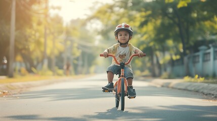 Generative AI : Learning to ride a bike concept, The little boy is practicing cycling a bicycle with the training wheels on the road.