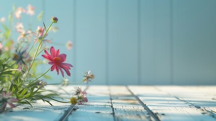 Poster - Generative AI : Garden flowers over blue wooden table background. Backdrop with copy space