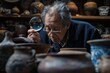 An intrigued man closely examines a delicate ceramic pot with his magnifying glass, admiring the intricate human face carved into the earthenware