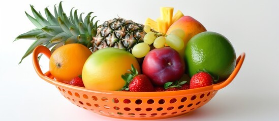 Sticker - Assorted fresh organic ripe fruits in a rustic wicker basket on wooden table