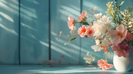 Poster - Generative AI : Garden flowers over blue wooden table background. Backdrop with copy space