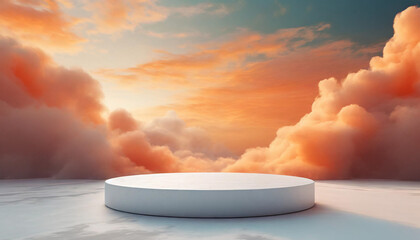 White podium sits on a white surface in front of a sky filled with clouds. Minimal scene for product presentation or advertising