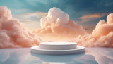 Fototapeta  - White podium sits on a white surface in front of a sky filled with clouds. Minimal scene for product presentation or advertising