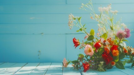 Poster - Generative AI : Garden flowers over blue wooden table background. Backdrop with copy space
