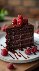 Wall Mural - A chocolate cake in a delicious temptation that melts in your mouth, with its fluffy dough and creamy topping. Luxurious cake for chocolate lovers.