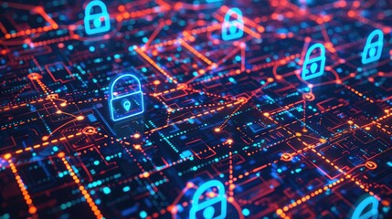 Wall Mural - Conceptual image of a global cybersecurity network with glowing padlocks over a digital world map, symbolizing international data security.