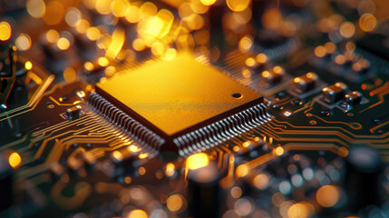 Wall Mural - Close-up of a microchip in the center of a circuit board featuring intricate lines and glowing electronic components.