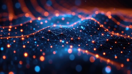 Wall Mural - digital representation of a dynamic network mesh with interconnected lines and brightly glowing node
