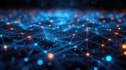Wall Mural - digital representation of a dynamic network mesh with interconnected lines and brightly glowing node