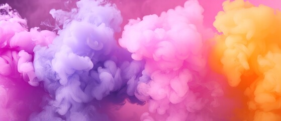 Poster - a multicolored cloud of smoke on a pink, purple, and orange background with a white border in the middle of the image.