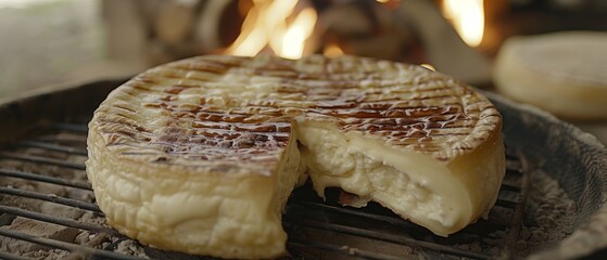 Poster - a close up of a piece of food on a grill with a fire in the backgroung behind it.