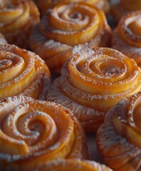 Poster - a close up of a bunch of doughnuts with powdered sugar on top of the doughnuts.