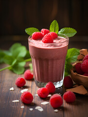 Wall Mural - Delicious hight protein chocolate smoothie in a glass with fresh raspberries on top, wooden table