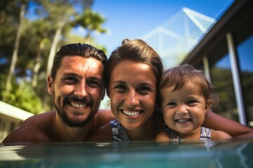 Wall Mural - Portrait of a young family swimming in the pool