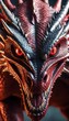 A close-up of a red dragon with smooth scales, red eyes, and sharp teeth