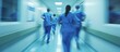 Blurred hospital corridor with medical equipment and healthcare professionals in motion, healthcare concept background