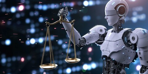 Wall Mural - Ethical AI robot holding the scales of justice 