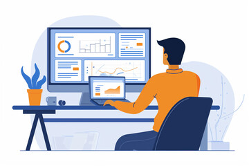 Tech-savvy person seated in a chair and working on computer device isolated in white background, business infographic elements, man works with charts and graphs, data analyze concept, data statistics