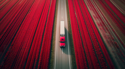 Wall Mural - Amidst rows of radiant tulips, a red semi truck symbolizes Transportation logistics, merging the serenity of floral agriculture with the dynamism of modern freight transport