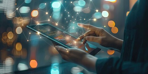 Wall Mural - it technician using a tablet with cloud-based service running and a modern and futuristic city in th