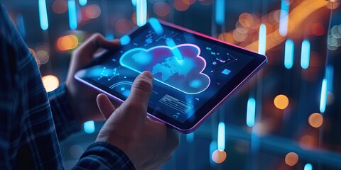 Wall Mural - it technician using a tablet with cloud-based service running and a modern and futuristic city in th