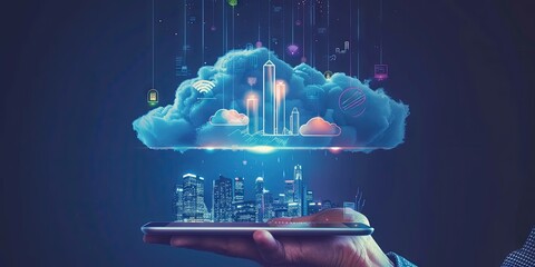 Wall Mural - it technician using a tablet with cloud-based service running and a modern and futuristic city in th
