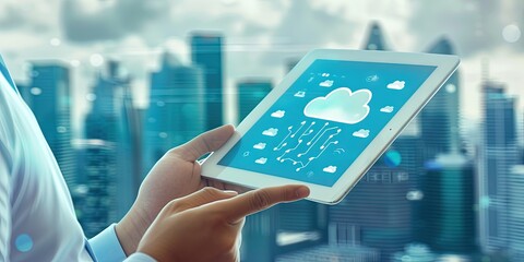 Wall Mural - IT technician using a tablet with cloud-based service running and a modern and futuristic city in the background