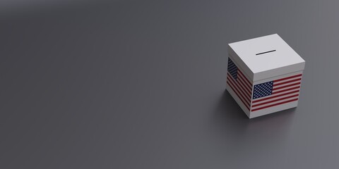 Wall Mural - USA election, flag on white ballot box on empty grey background. Above view, copy space. 3d render