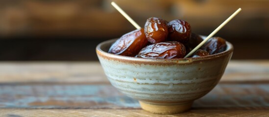 Canvas Print - A rustic bowl of sweet and succulent dates arranged on a weathered wooden table