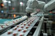 A robotic arm efficiently inserts pills into a blister on a factory assembly line.
