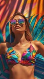 Fototapeta  - Beautiful young fit woman wearing colorful bikini on summer vacation background