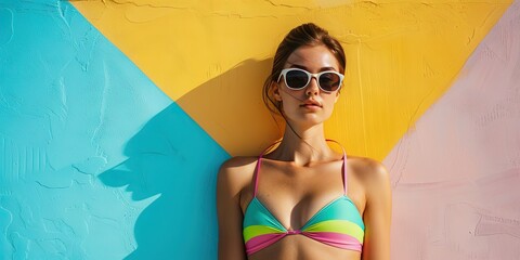 Wall Mural - Beautiful young fit woman wearing colorful bikini on summer vacation background