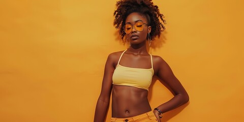 Wall Mural - Fit young woman wearing tank top and shorts, posing on solid yellow background