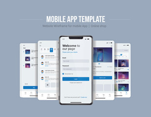 Wall Mural - Smartphone UI app. Phone screens for shop application. Mobile interface with account login and shopping cart. Screenshots responsive website mockups.