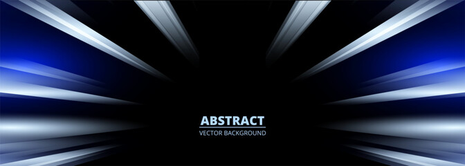 Poster - Fast movement speed lights abstract background with motion effect blue and white lines. Dark wide futuristic banner. Vector illustration