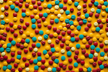 a large amount of colorful pills rest on a yellow bac