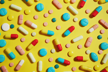 a large amount of colorful pills rest on a yellow bac