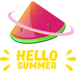 Poster - Vector Hello Summer Beach Party horizontal banner Design template with fresh watermelon slice isolated on white background. Hello summer concept label or poster with fruit and typographic text.