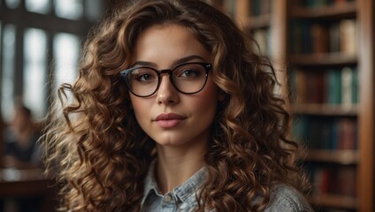 Wall Mural - Portrait of a gorgeous young woman with long curly brunette hair and a glasses. A beautiful face and a pleasant smile. Library background.