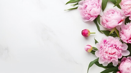 Wall Mural - composition of a bouquet of pink peony flowers, top view with copy space on a white background