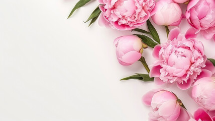 Wall Mural - composition of a bouquet of pink peony flowers, top view with copy space on a white background