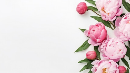 Wall Mural - composition of a bouquet of pink peony flowers, top view with copy space on a white background