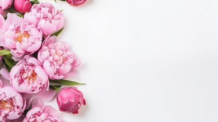 Wall Mural - composition of a bouquet of pink peony flowers, top view with copy space on a white background